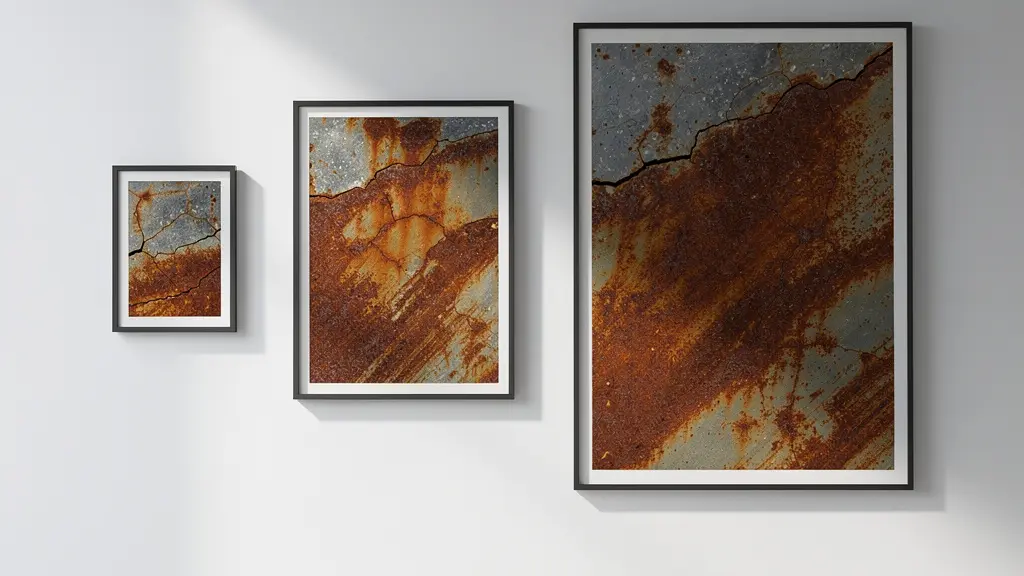 Gallery wall showing different sized abstract prints demonstrating scale impact