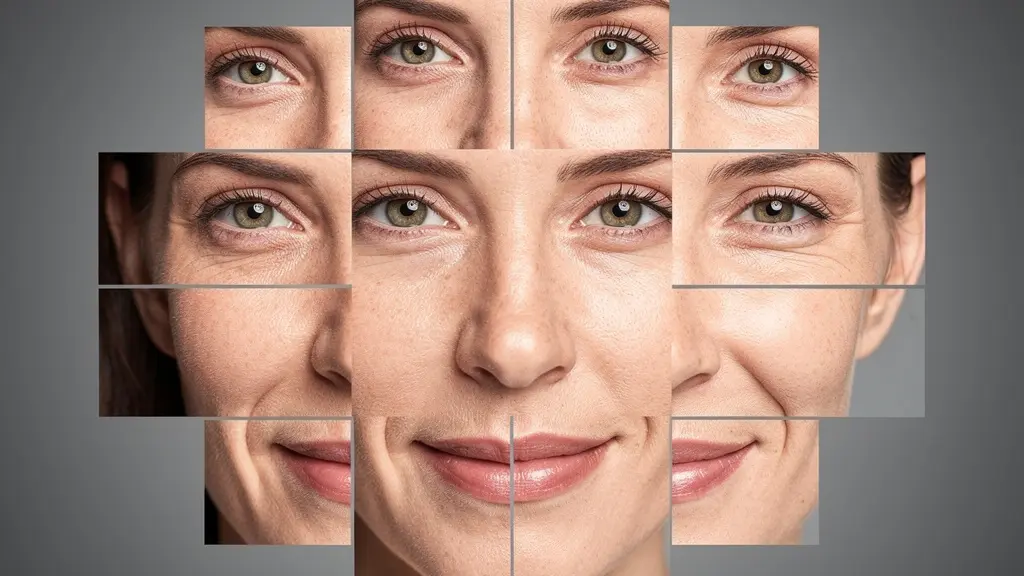 Multiple photographic fragments arranged around a central eye feature, showing a radial composition technique.