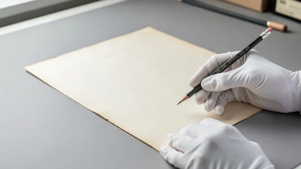 Conservator's gloved hands holding a soft graphite pencil above an archival document