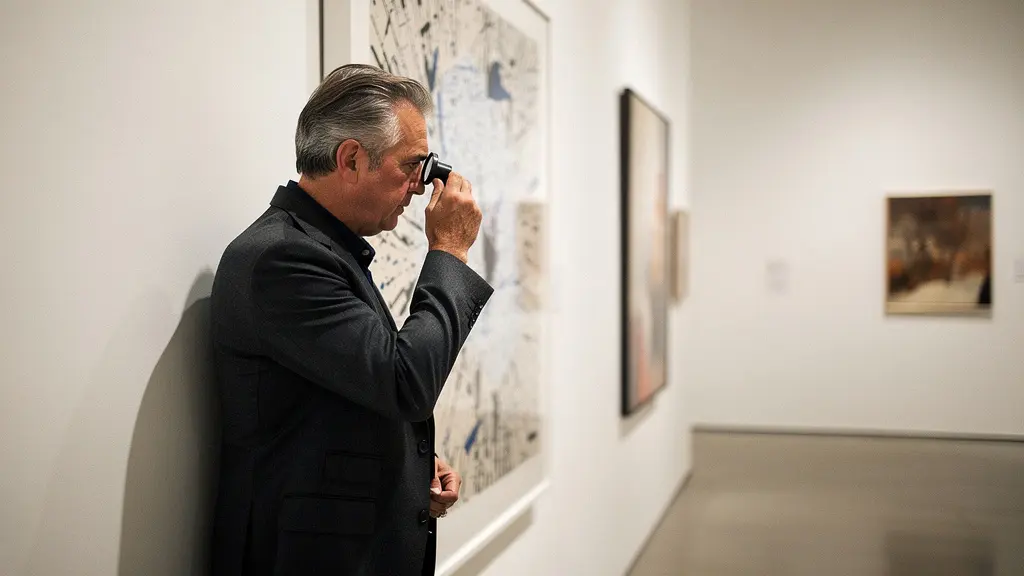 Professional art collector examining a fine art print with magnifying glass in an upscale gallery environment
