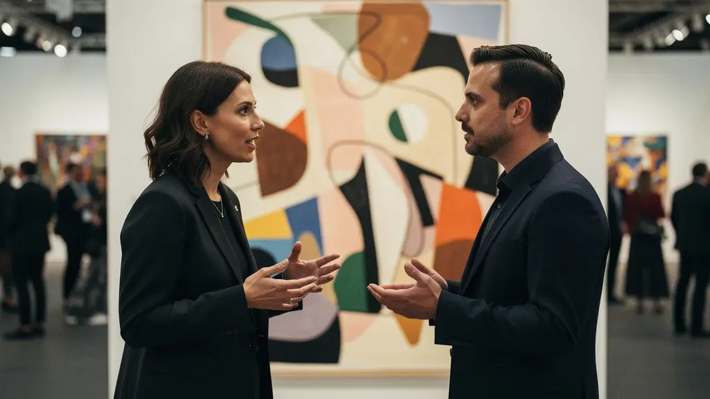 An artist and a collector are engaged in a thoughtful discussion in a clean, modern art fair booth.