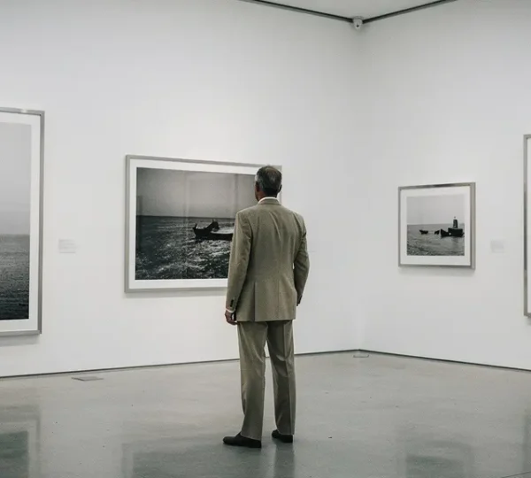 Editorial photograph of an elegant collector examining fine art photographs in a modern gallery space