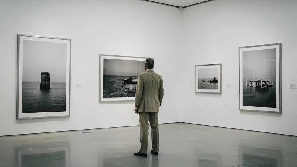 Editorial photograph of an elegant collector examining fine art photographs in a modern gallery space