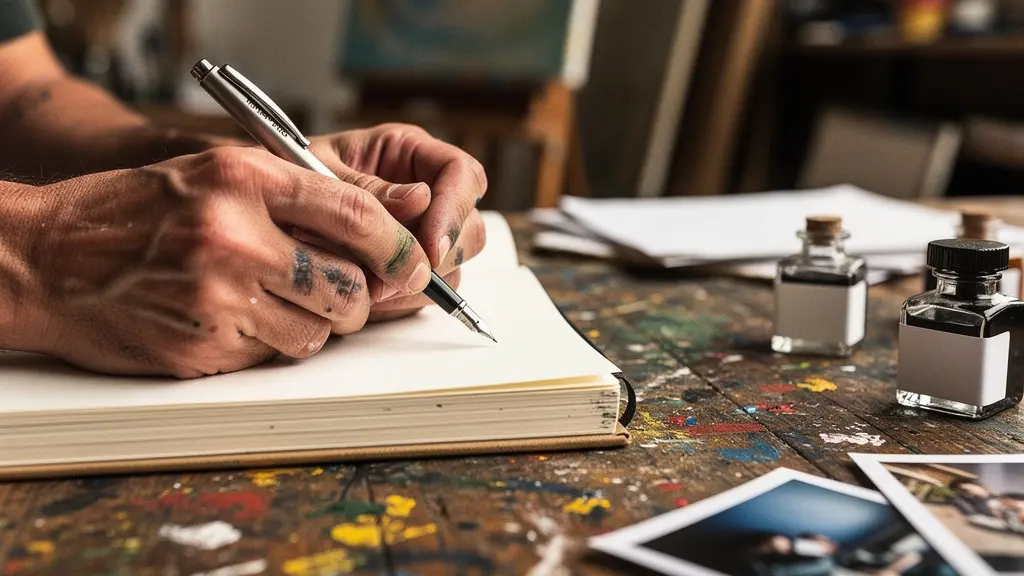 Artist's hands writing in a notebook, surrounded by creative materials in a softly lit workspace.