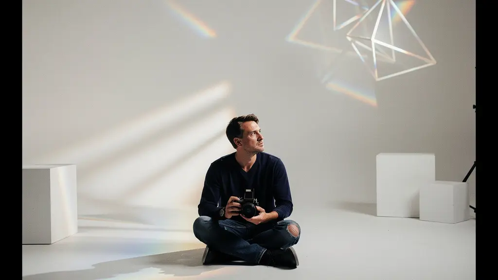 Artist photographer contemplating portfolio amid creative tools and symbolic elements representing vision breakthrough