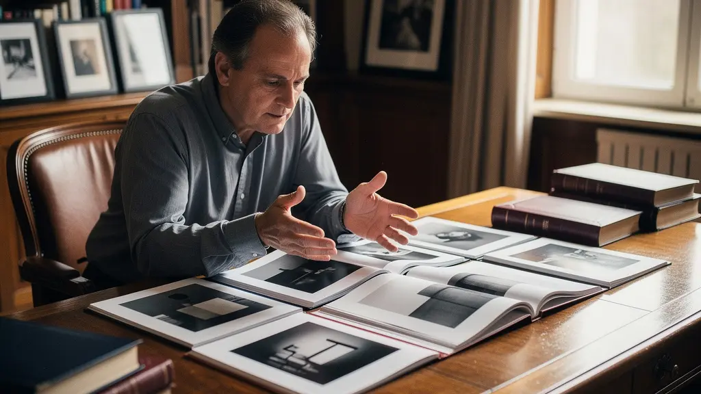 Collector analyzing auction catalogs and price databases in a contemporary study