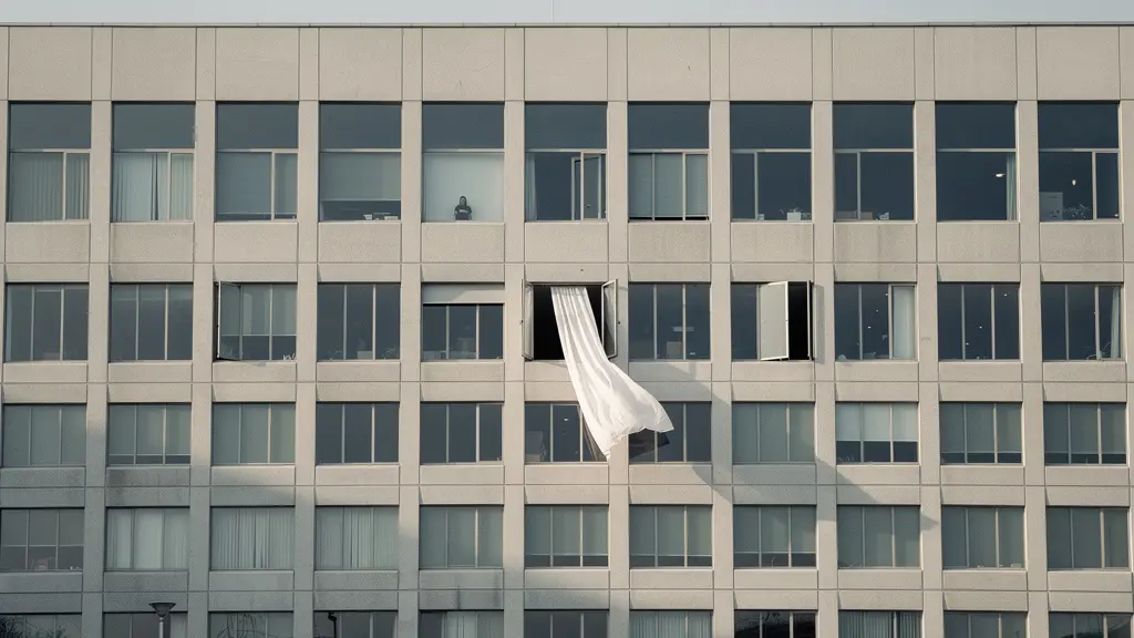 Symmetrical building facade with single asymmetrical element creating visual focal point