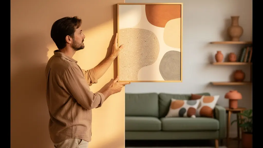 Interior showing art print with perfectly matched color saturation against furniture