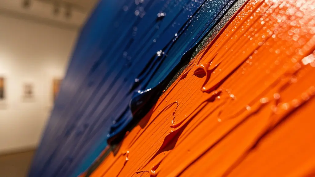 Close-up macro view of vibrant complementary color interactions in an art gallery setting