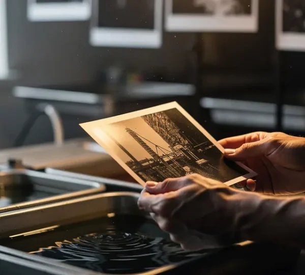 Artist's hands working with photographic prints in a modern darkroom with soft ethereal lighting