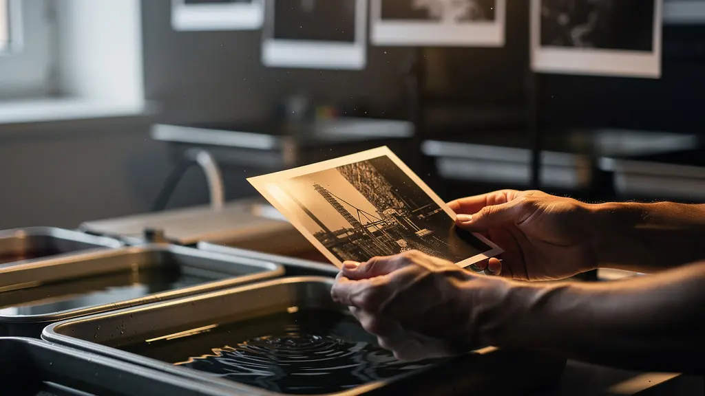 Artist's hands working with photographic prints in a modern darkroom with soft ethereal lighting