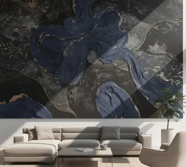 Oversized contemporary art print displayed in luxury modern living room with minimalist furniture