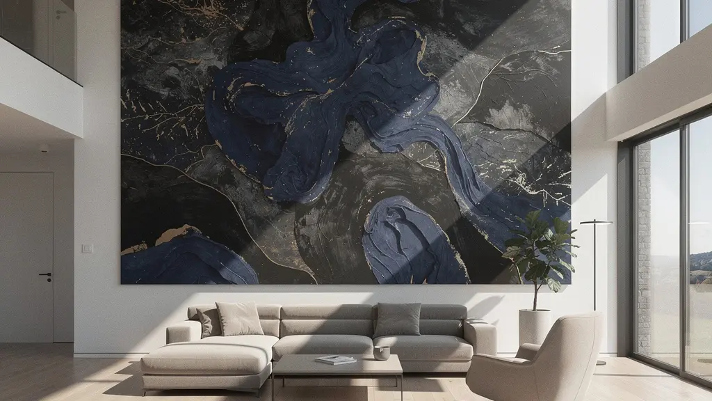 Oversized contemporary art print displayed in luxury modern living room with minimalist furniture