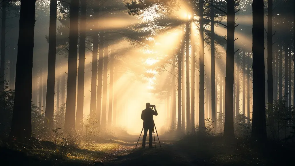 Dramatic sunbeams penetrating through morning fog in a forest, with a silhouetted photographer capturing the moment.