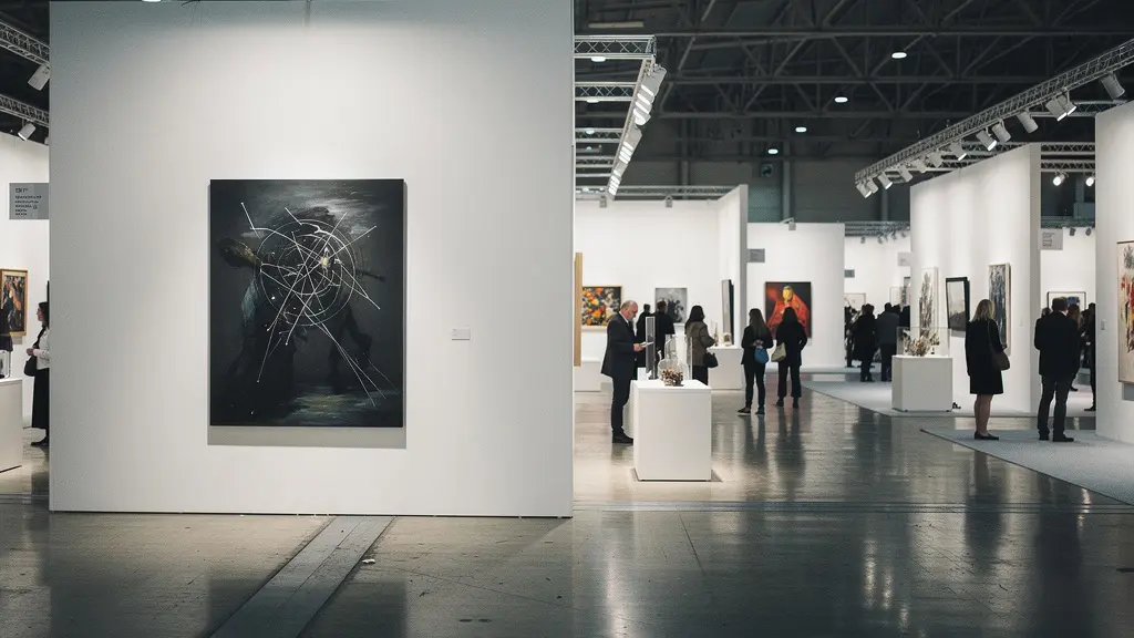 Wide-angle view of a bustling art fair with strategic visual focal points and selective depth of field highlighting artwork displays