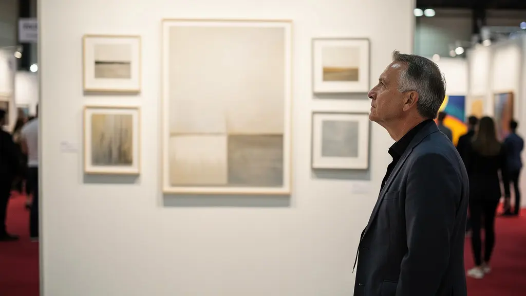 Artist's booth at an art fair showing hierarchical display with clear focal piece and supporting works