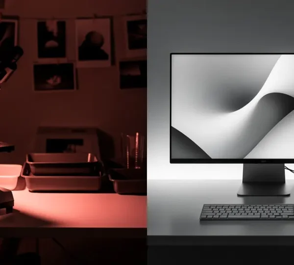 Photographer's hands holding a silver gelatin print under darkroom safelight with visible rich tonal gradients