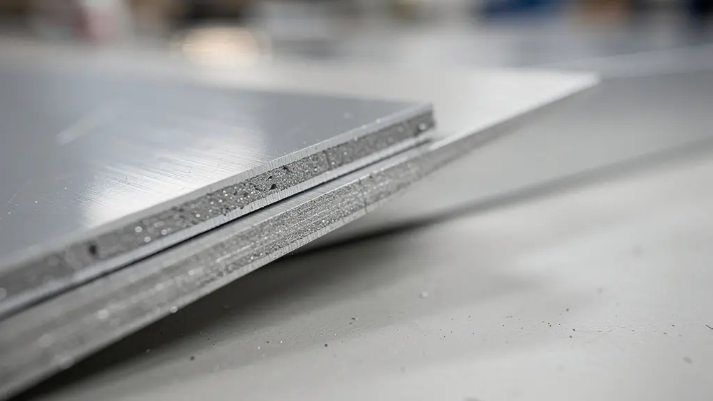 Extreme close-up showing the layered edge structure of Dibond material next to solid aluminum