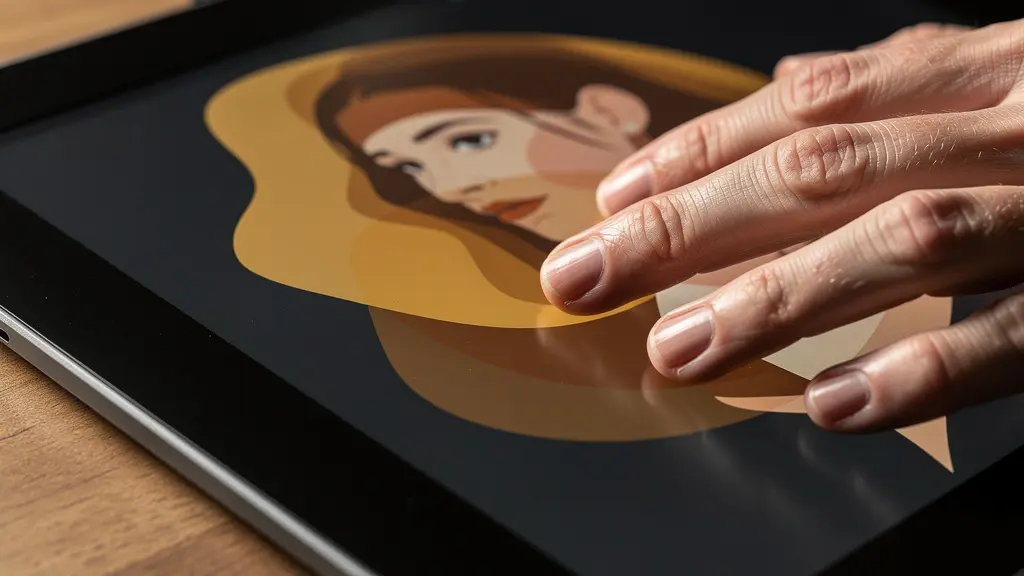 Close-up of hands working on a digital tablet showing layered editing process with earthy tones