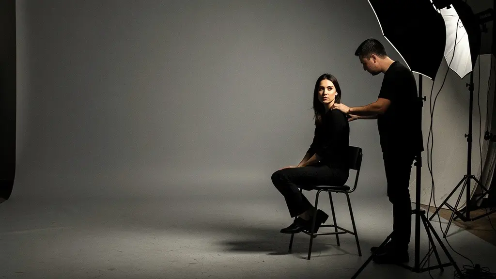 Professional photographer adjusting studio lighting for dramatic portrait with visible light ratios