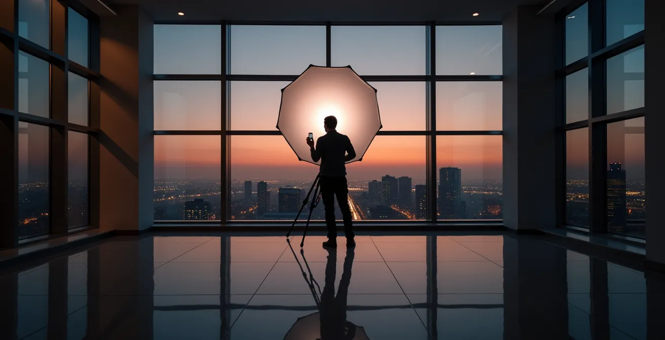 Studio setup showing strategic light placement to avoid window reflections