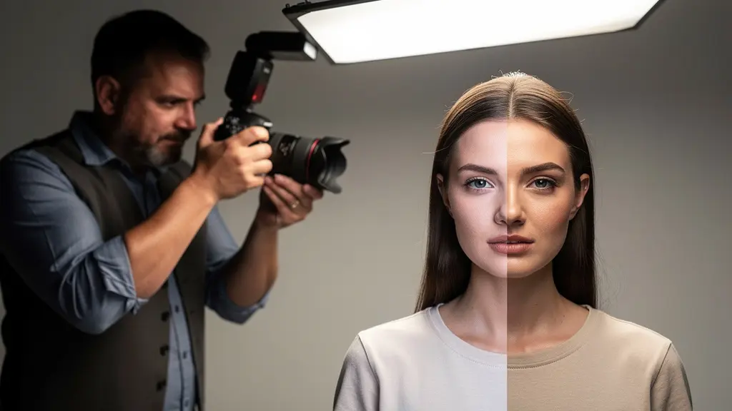 Photography setup showing flash bounce techniques for creating dimensional lighting