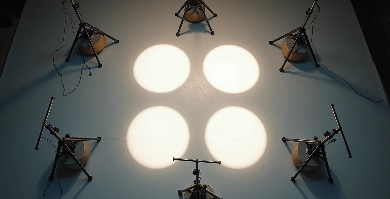 Overhead view of professional four-light studio setup arrangement