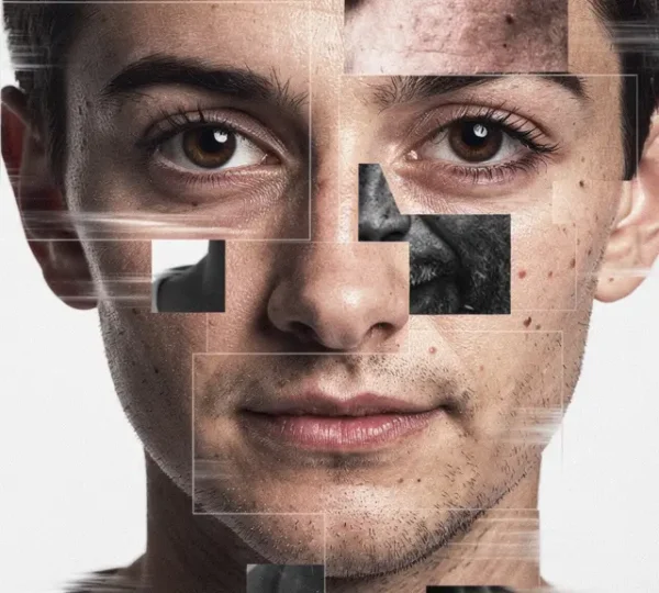 Fragmented portrait showing multiple angles and perspectives in a cubist-inspired composition