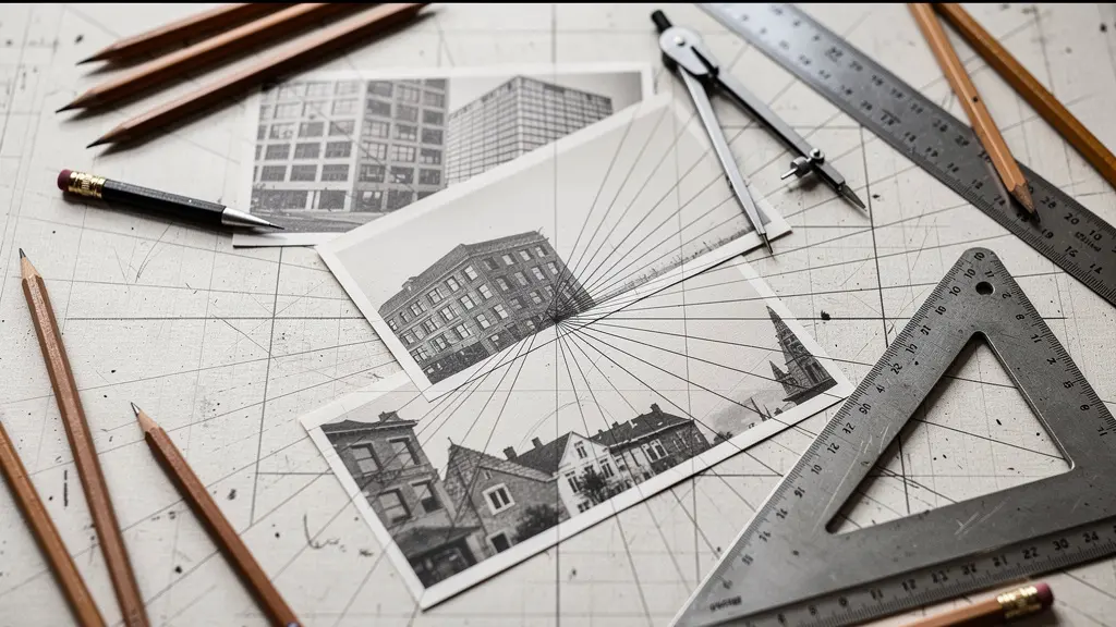 Perspective grid overlay showing horizon line alignment in photomontage