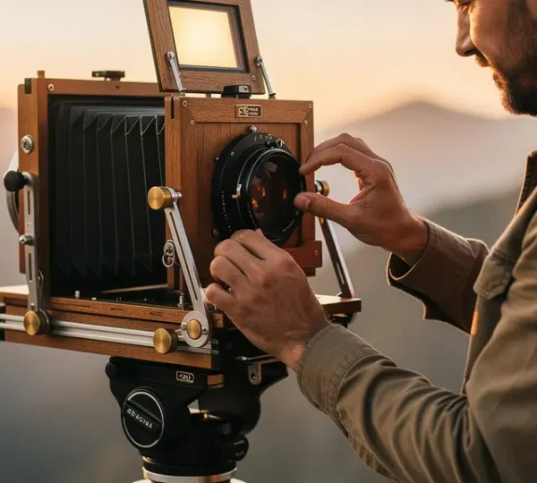 Professional photographer adjusting tilt controls on large format view camera while shooting fine art landscape photography