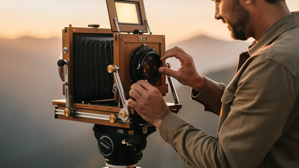 Professional photographer adjusting tilt controls on large format view camera while shooting fine art landscape photography