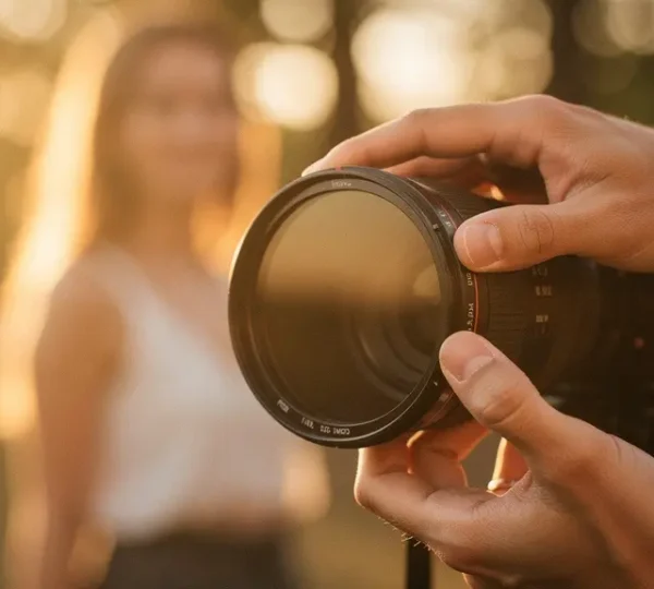 Professional photographer adjusting diffusion filter on camera lens during golden hour portrait session