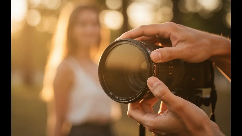 Professional photographer adjusting diffusion filter on camera lens during golden hour portrait session