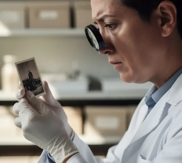Museum conservator examining historic photograph under specialized lighting in preservation laboratory