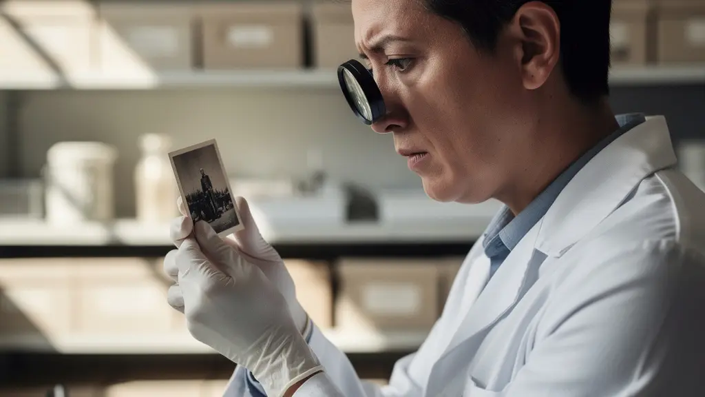 Museum conservator examining historic photograph under specialized lighting in preservation laboratory