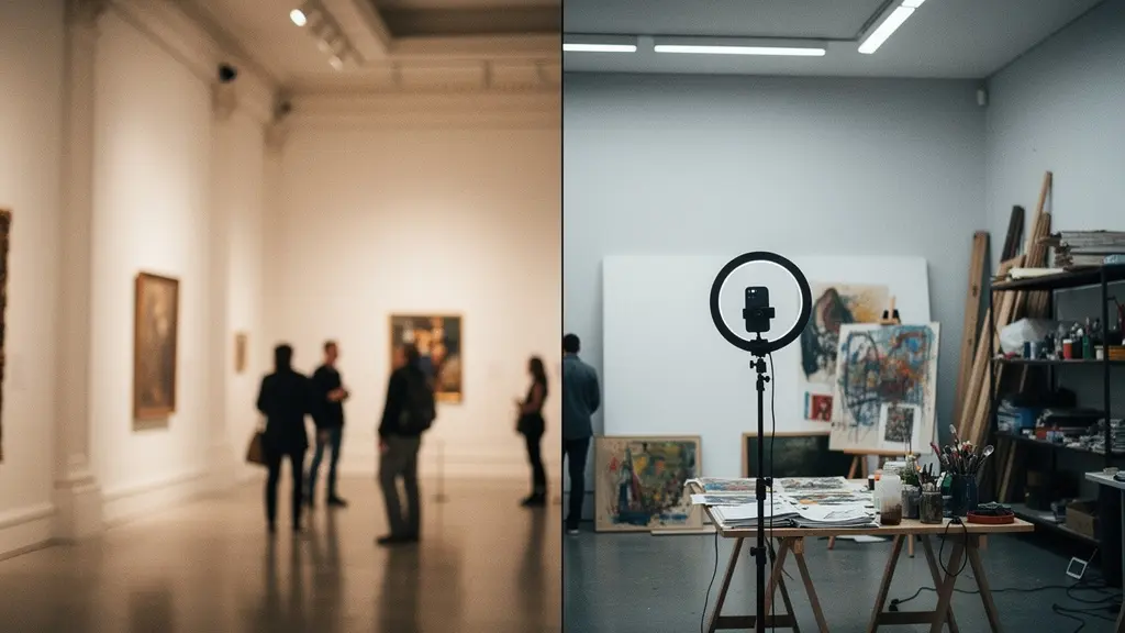 Split composition showing traditional museum setting against modern social media environment