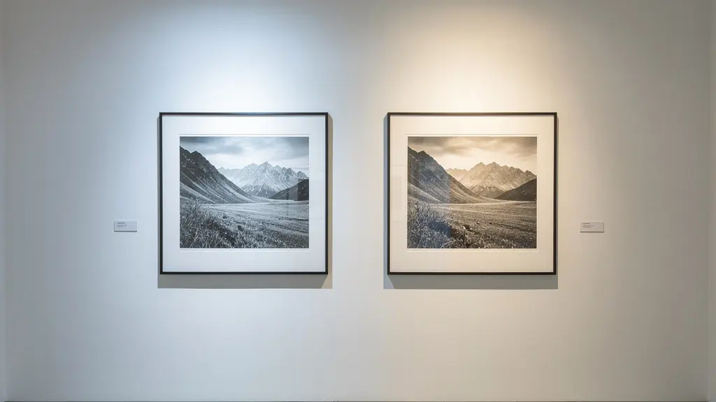 Black and white prints showing different white points under UV-rich versus incandescent lighting