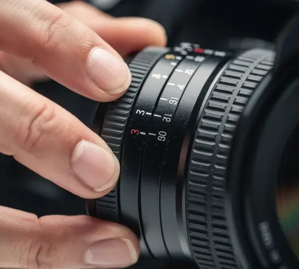 Professional photographer's hands adjusting a camera lens with visible light rays and prism effects in the background