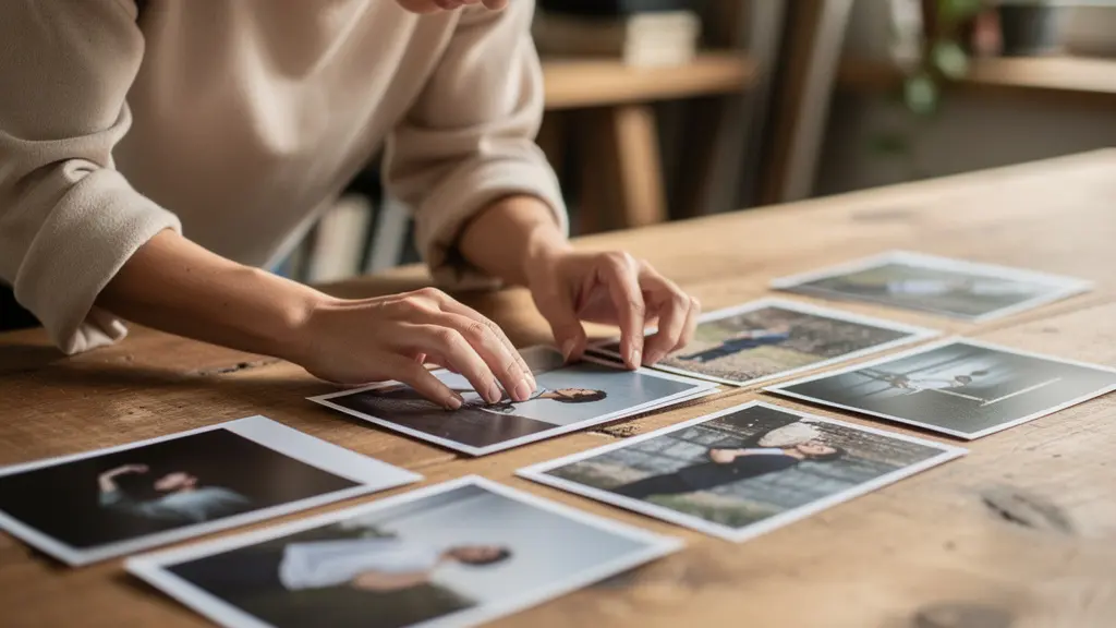Artist reviewing photographic series laid out on studio table