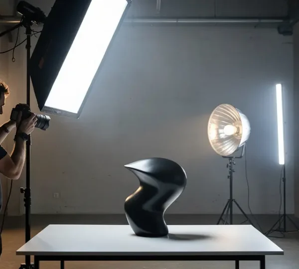 Professional photographer adjusting studio lighting setup to control specular highlights on reflective surfaces