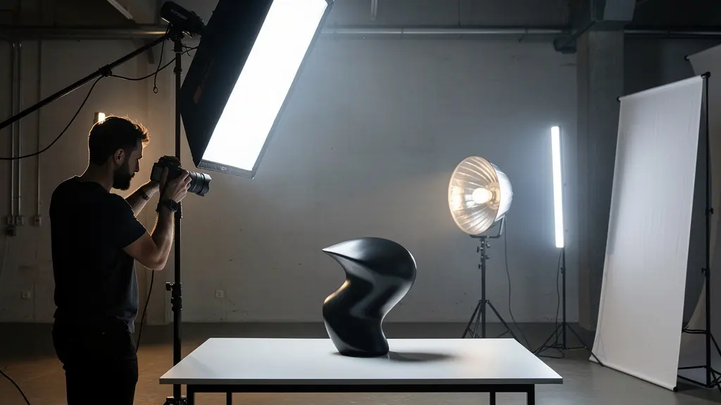 Professional photographer adjusting studio lighting setup to control specular highlights on reflective surfaces