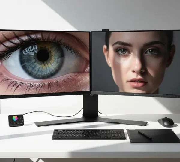 Photographer's workspace showing professional retouching setup with split screen monitor displaying detailed and artistic views
