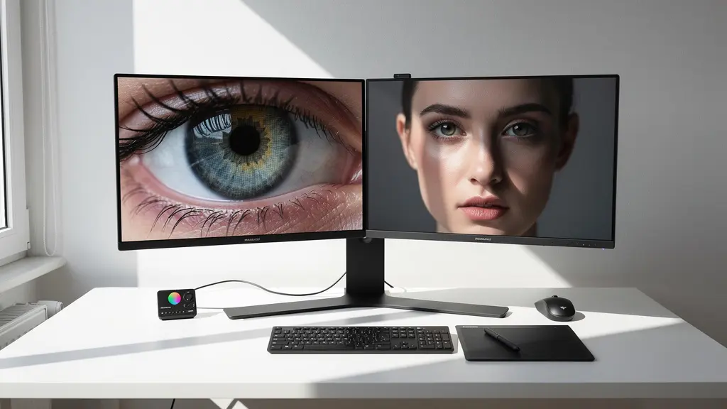 Photographer's workspace showing professional retouching setup with split screen monitor displaying detailed and artistic views