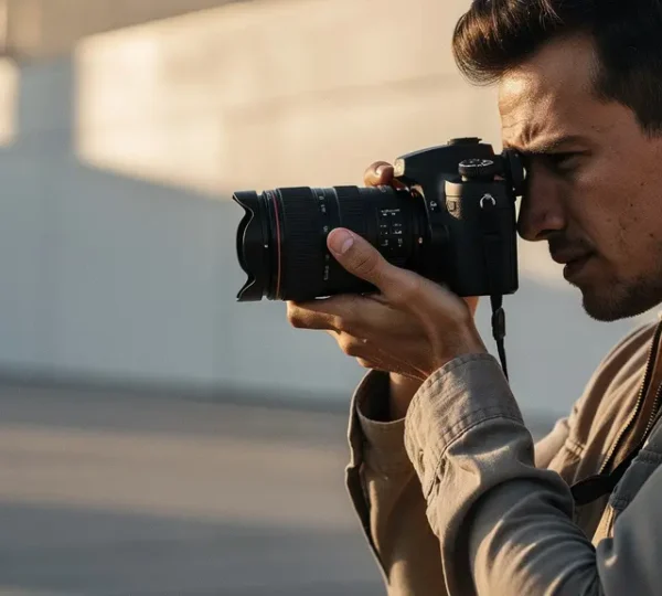 Photographer using prime lens with thoughtful compositional framing