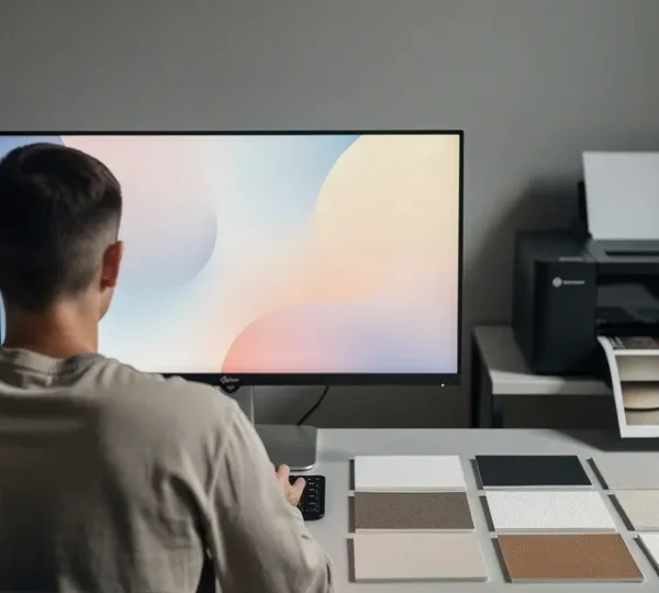 Professional home studio setup with photographer calibrating monitor for fine art printing