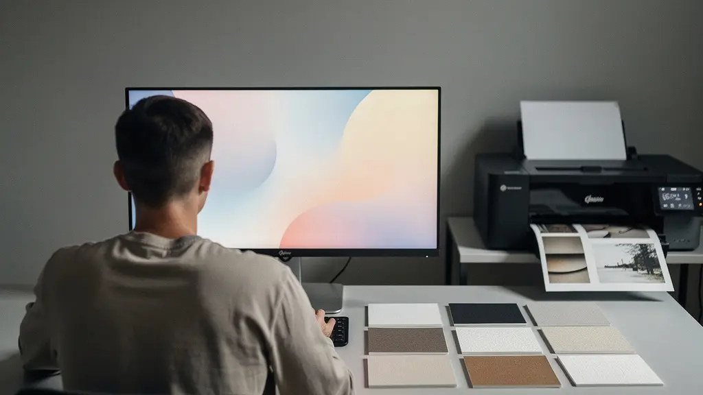 Professional home studio setup with photographer calibrating monitor for fine art printing