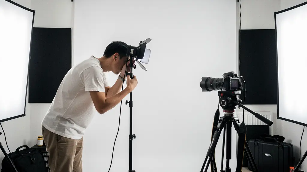 Professional photographer working in a compact home studio with strategic lighting setup and minimal equipment