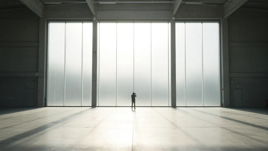 Photographer facing abstract representation of mental barriers and breakthrough moment