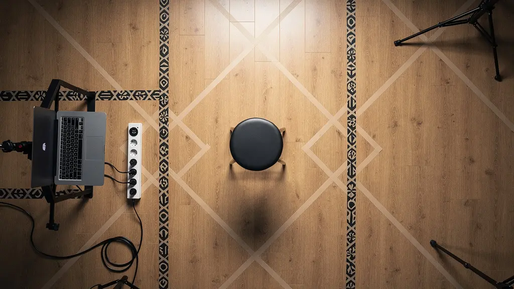 Overhead view of a small photography studio showing the safe triangle principle with designated zones for tech, talent, and photographer movement