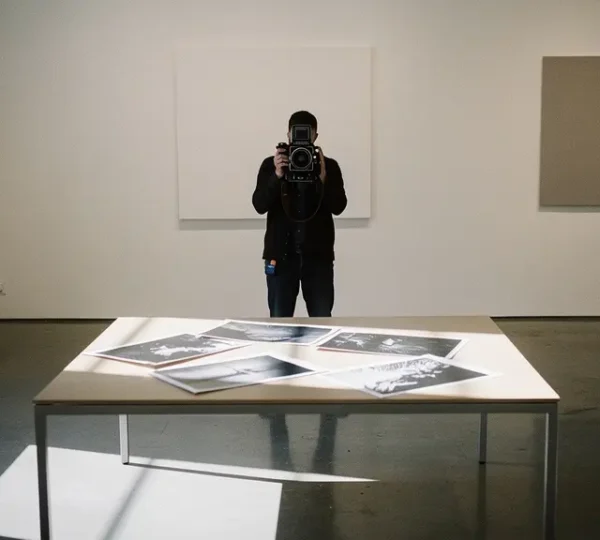 Fine art photographer in contemplative moment with vintage camera and gallery space